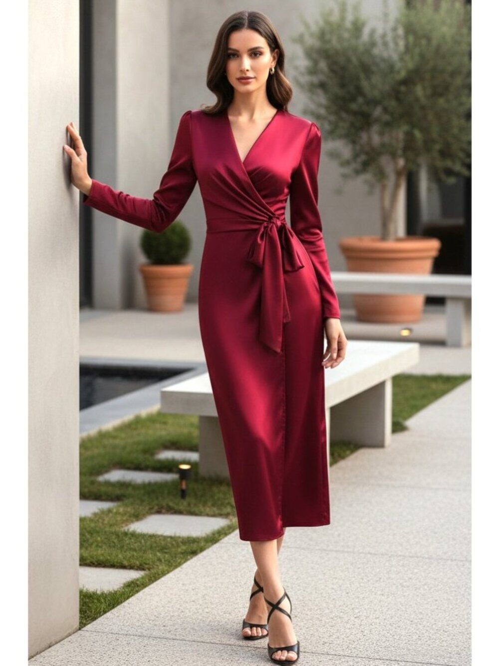 Satin Surplice V-Neck Ruched Side Tie Long Sleeve Lustrous Sleek Maxi Dress